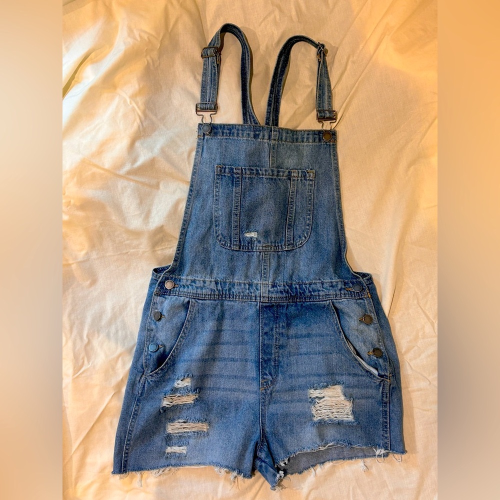 Black Label by C’Est Toi Distressed Blue Denim Shortalls Size L